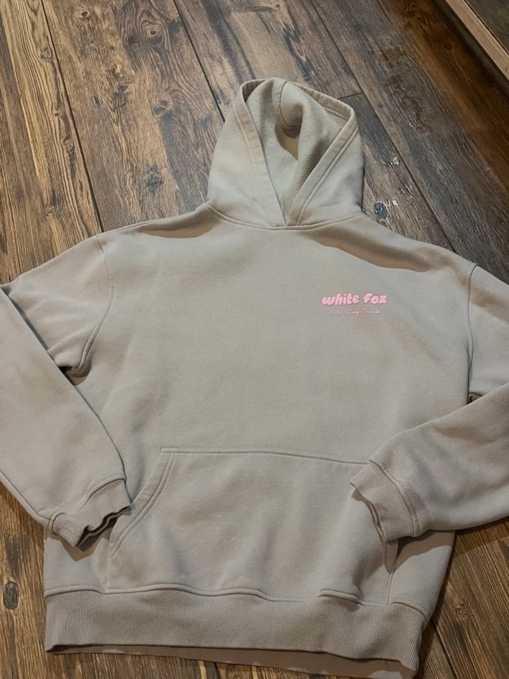 White Fox Boutique Taupe Pullover Hoodie with Pink Logo